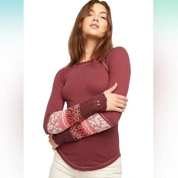 Free People Tops - EUC Free People In The Mix Crochet Sleeve Top, Small, Rio Vino (Burgundy)